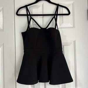 NWOT HYPR Black Strappy Black Peplum top shirt‎ tank blouse waffle texture Large